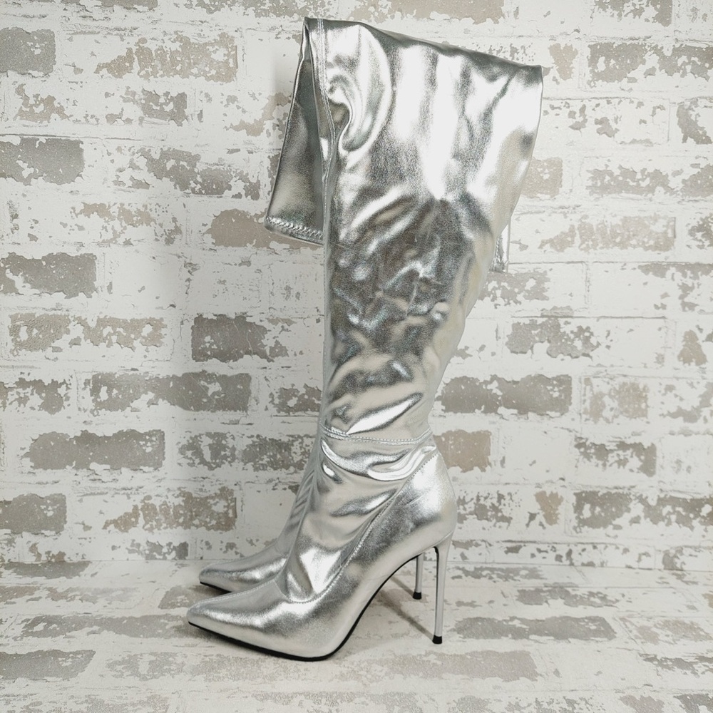 NEW Wild Diva Lounge Shaya Silver Pointy Toe High Heeled Over-the-knee Boot i836